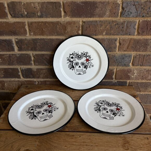 VTG La Mexicana US Enamel White Dia de Los Muertos Skull Dinner Plate Set of 3 - Picture 1 of 4